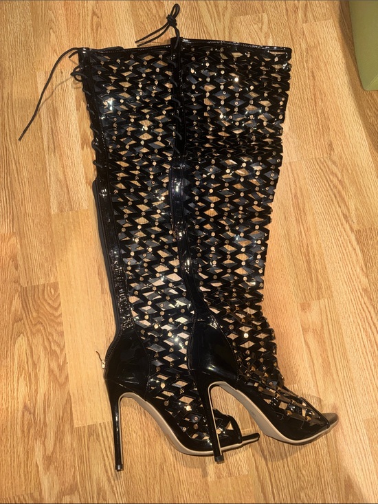 Shoes - Black Patent Over-the-Knee Lace-Up Stiletto Boots